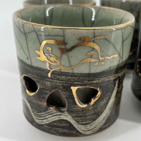 Vtg 4 Green Brown Somayaki Japan Double Wall Crackle Glazed Heart Tea Cups 200ml - Picture 2 of 16